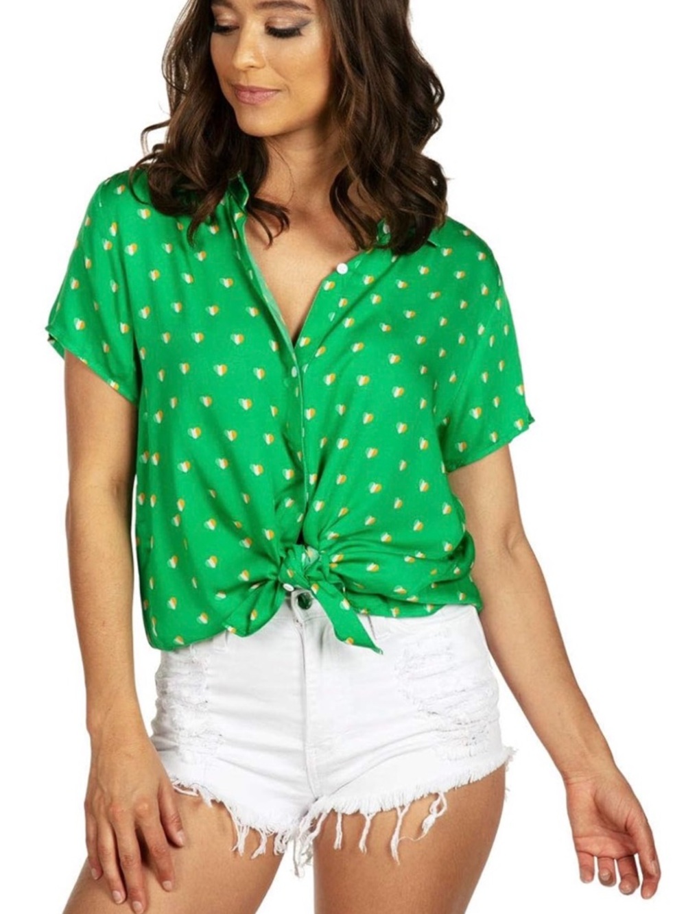 Women's Green Short-Sleeve Tie-Front Blouse